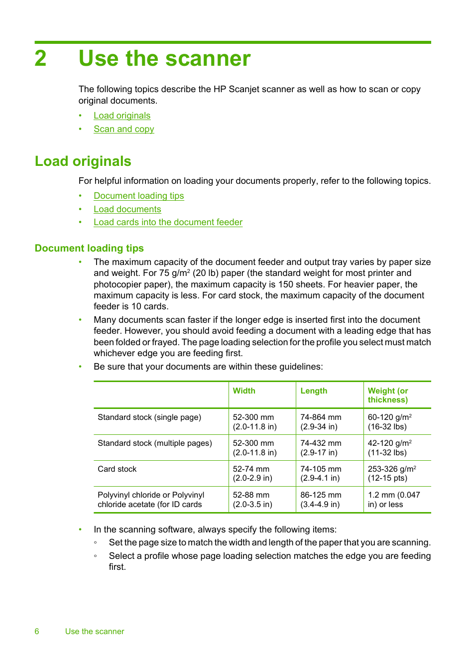 Use the scanner, Load originals, Document loading tips | 2 use the scanner, 2use the scanner | HP Scanjet Enterprise 9000 Sheet-feed Scanner User Manual | Page 8 / 41