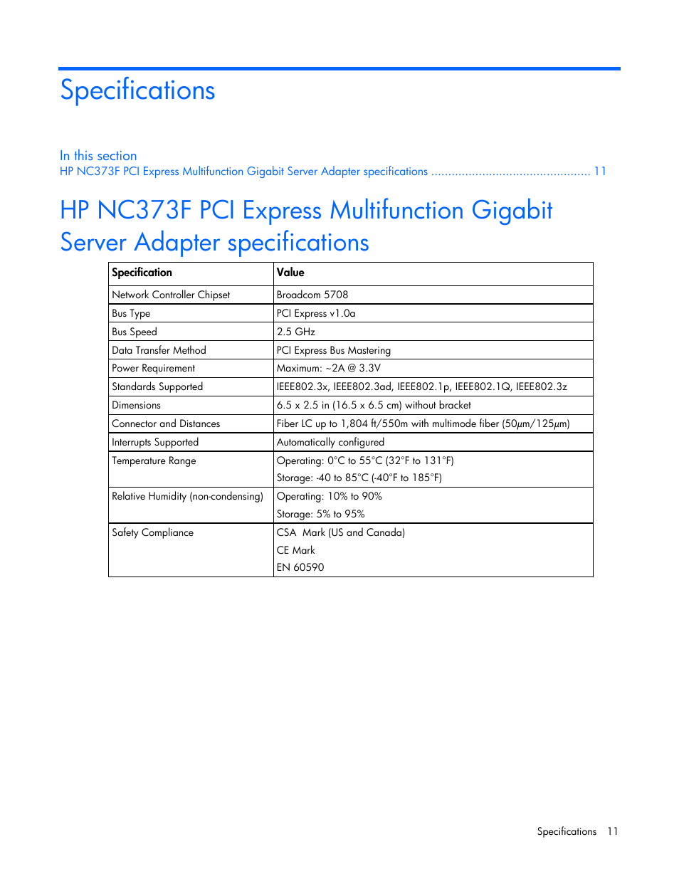 Specifications | HP NC373F PCI-E Multifunction 1000SX Gigabit Server Adapter User Manual | Page 11 / 17