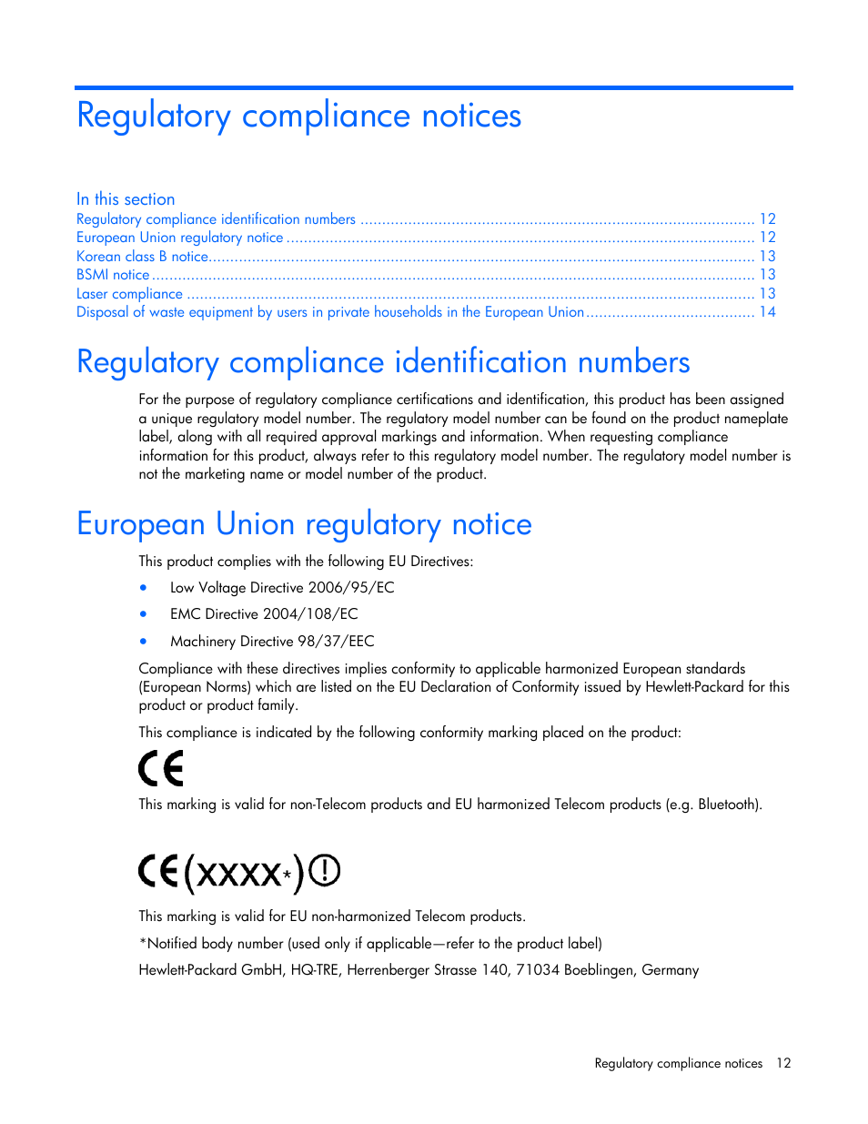 Regulatory compliance notices, Regulatory compliance identification numbers, European union regulatory notice | HP NC373F PCI-E Multifunction 1000SX Gigabit Server Adapter User Manual | Page 12 / 17