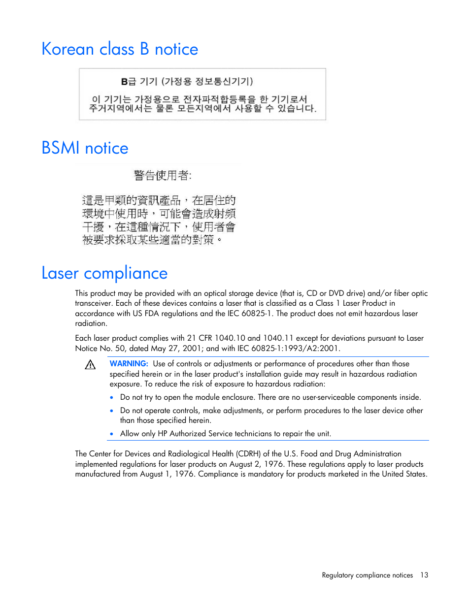 Korean class b notice, Bsmi notice, Laser compliance | HP NC373F PCI-E Multifunction 1000SX Gigabit Server Adapter User Manual | Page 13 / 17
