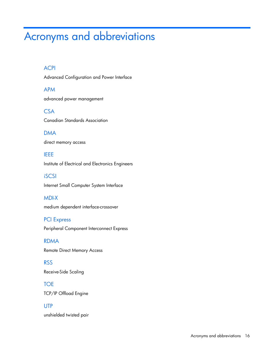 Acronyms and abbreviations | HP NC373F PCI-E Multifunction 1000SX Gigabit Server Adapter User Manual | Page 16 / 17