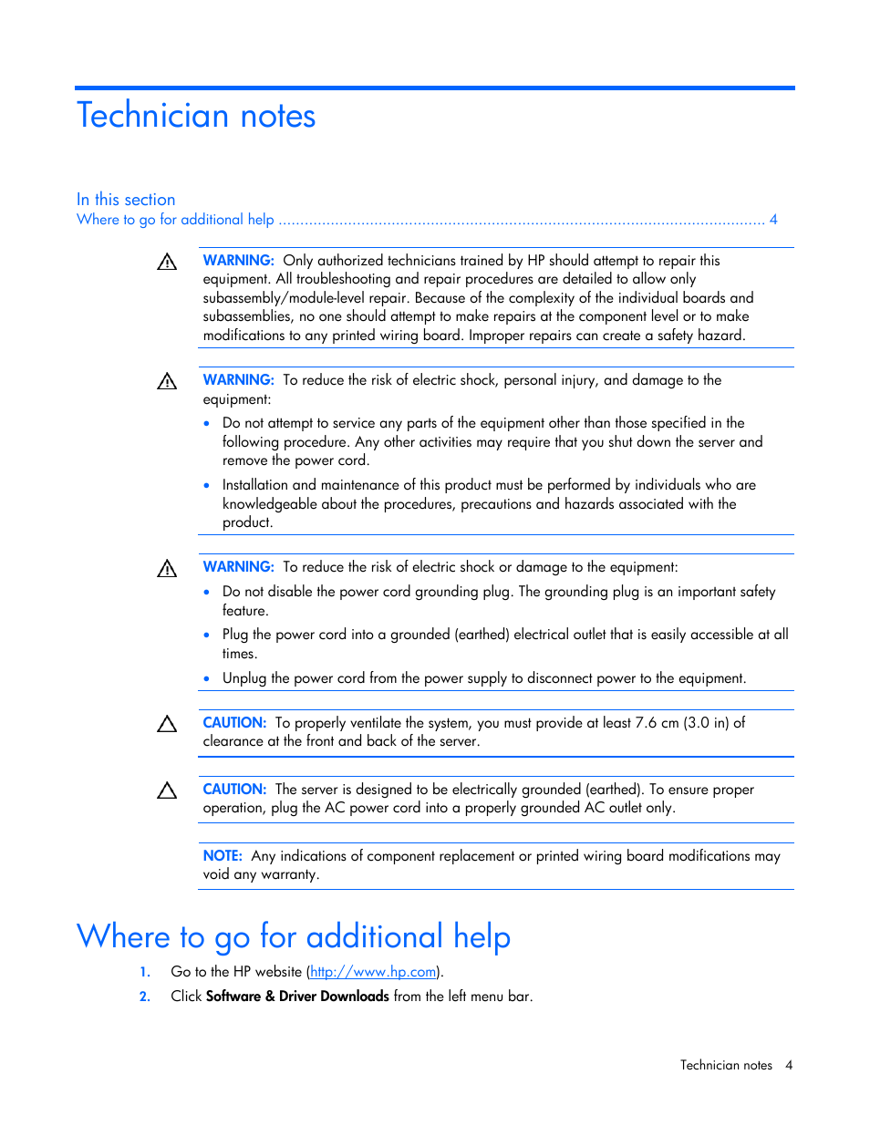 Technician notes, Where to go for additional help | HP NC373F PCI-E Multifunction 1000SX Gigabit Server Adapter User Manual | Page 4 / 17