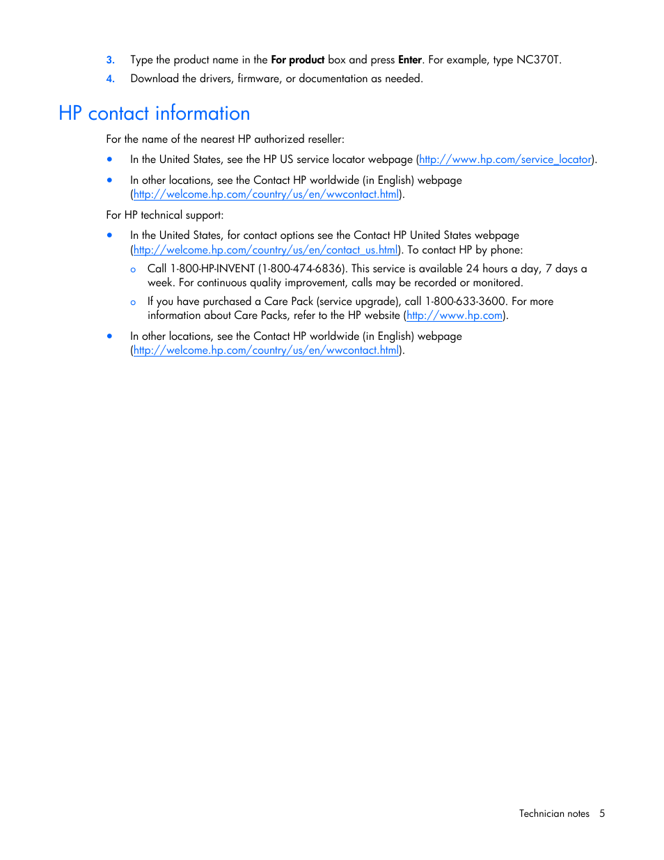 Hp contact information | HP NC373F PCI-E Multifunction 1000SX Gigabit Server Adapter User Manual | Page 5 / 17