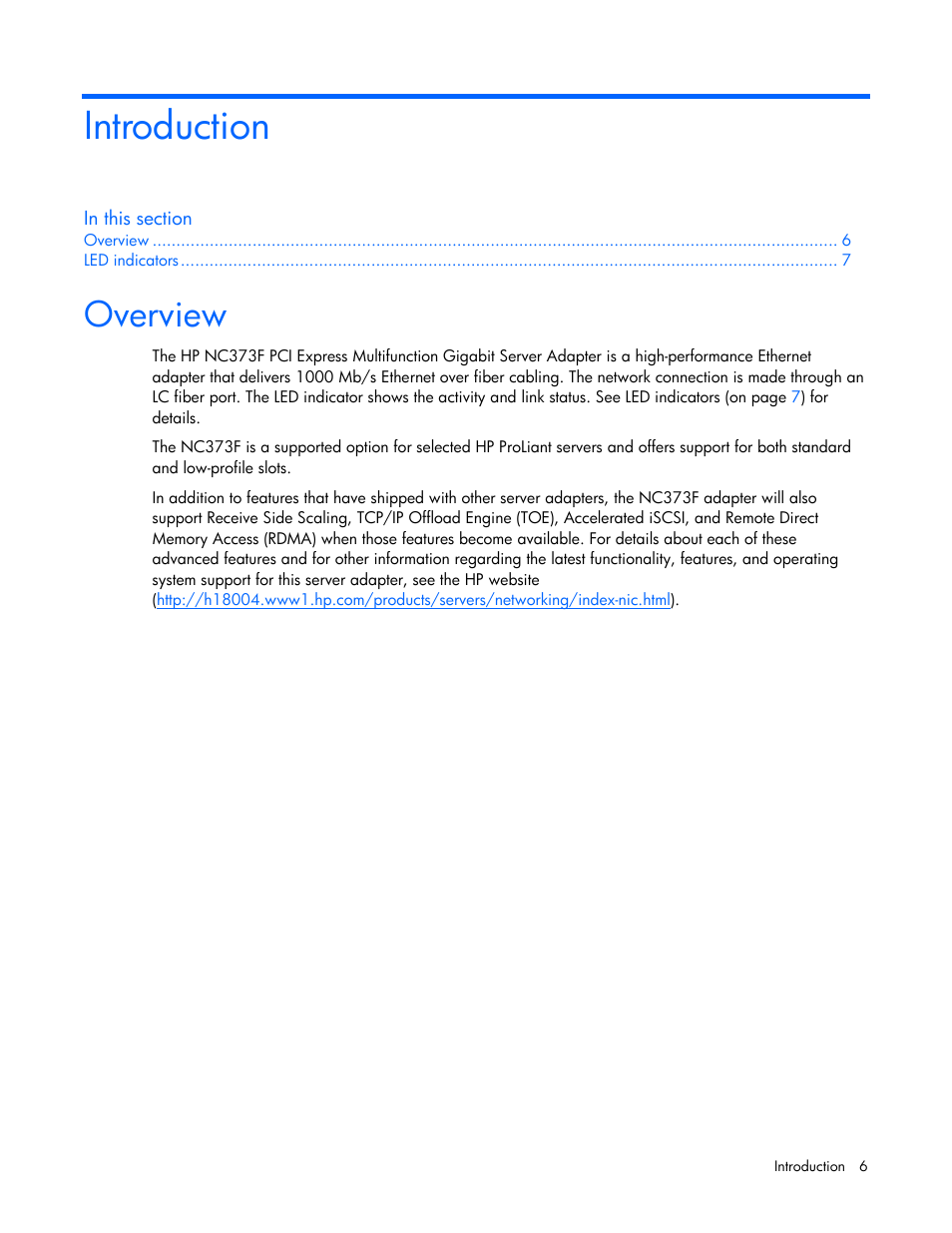 Introduction, Overview | HP NC373F PCI-E Multifunction 1000SX Gigabit Server Adapter User Manual | Page 6 / 17