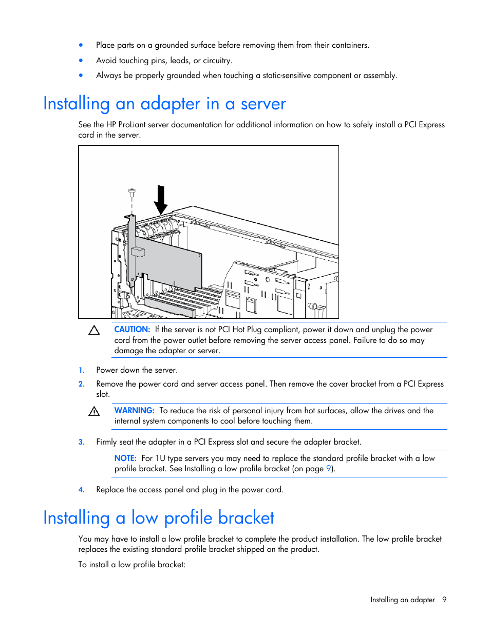 Installing an adapter in a server, Installing a low profile bracket | HP NC373F PCI-E Multifunction 1000SX Gigabit Server Adapter User Manual | Page 9 / 17