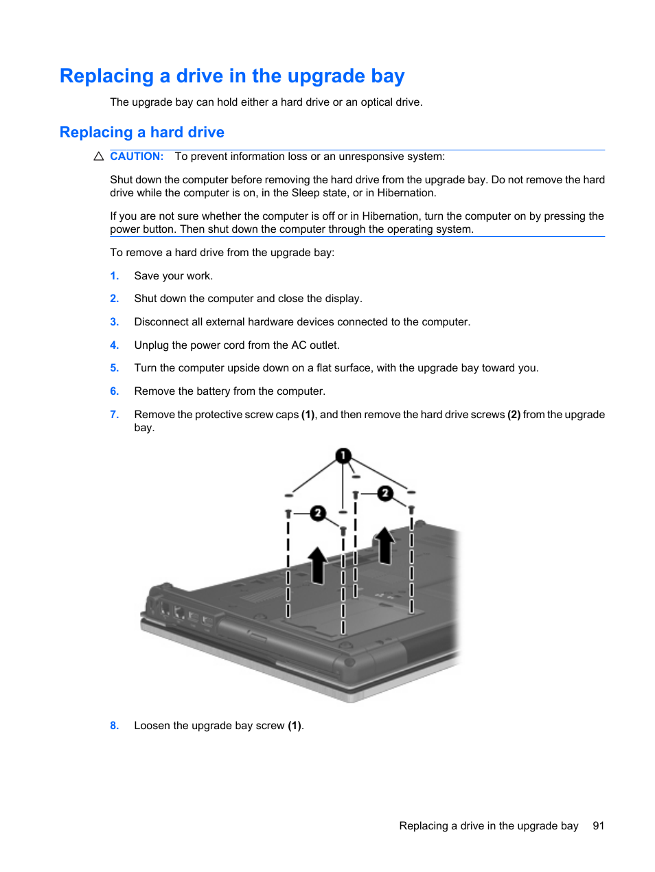Replacing a drive in the upgrade bay, Replacing a hard drive | HP EliteBook 8540w Mobile Workstation User Manual | Page 103 / 187