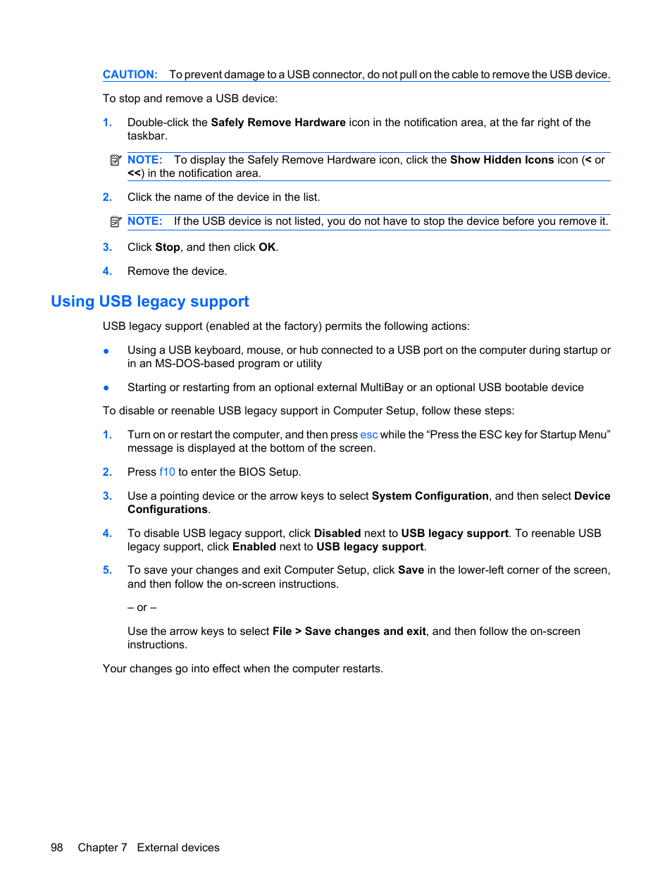 Using usb legacy support | HP EliteBook 8540w Mobile Workstation User Manual | Page 110 / 187