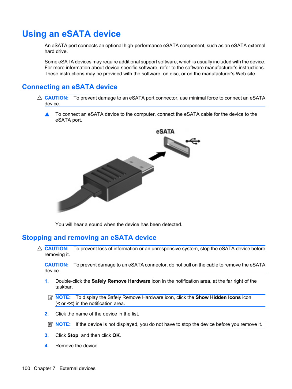 Using an esata device, Connecting an esata device, Stopping and removing an esata device | HP EliteBook 8540w Mobile Workstation User Manual | Page 112 / 187
