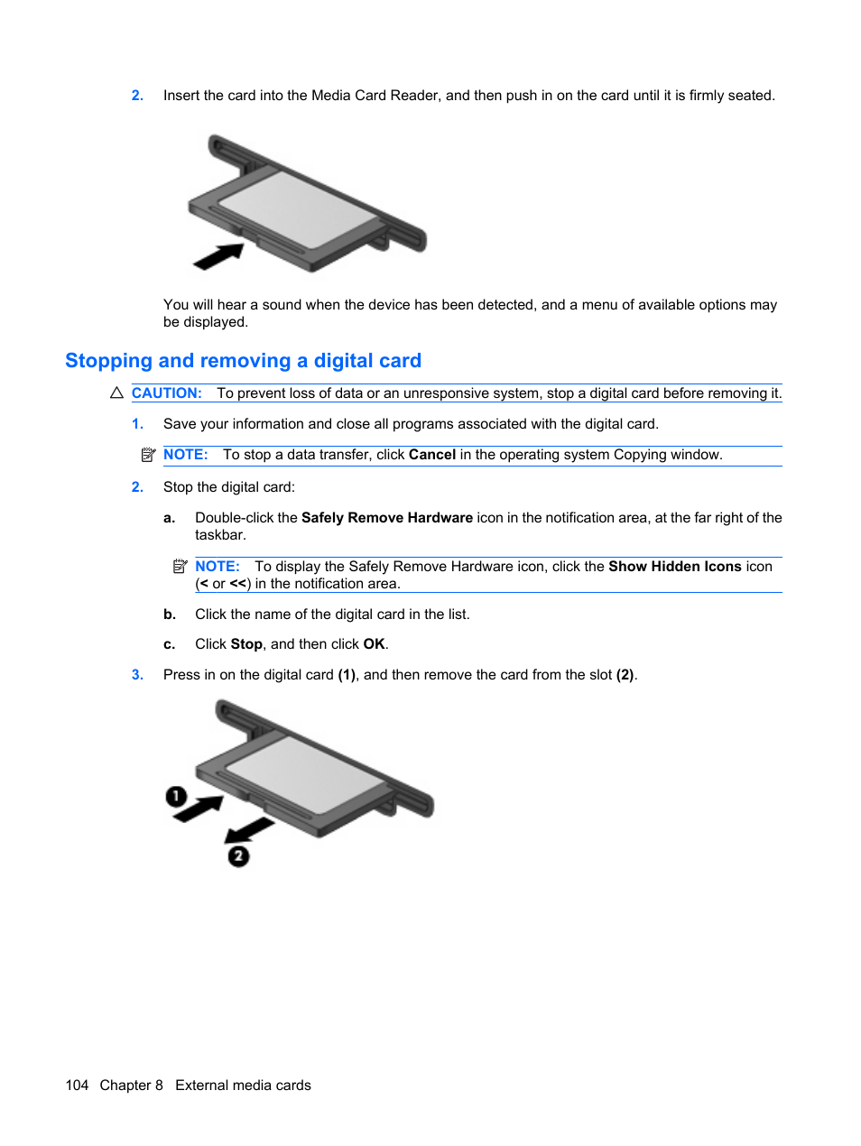 Stopping and removing a digital card | HP EliteBook 8540w Mobile Workstation User Manual | Page 116 / 187