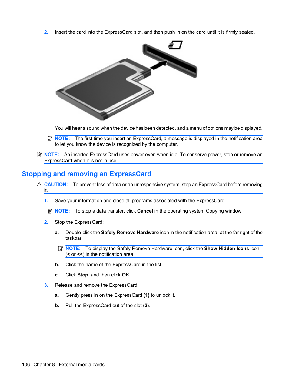 Stopping and removing an expresscard | HP EliteBook 8540w Mobile Workstation User Manual | Page 118 / 187