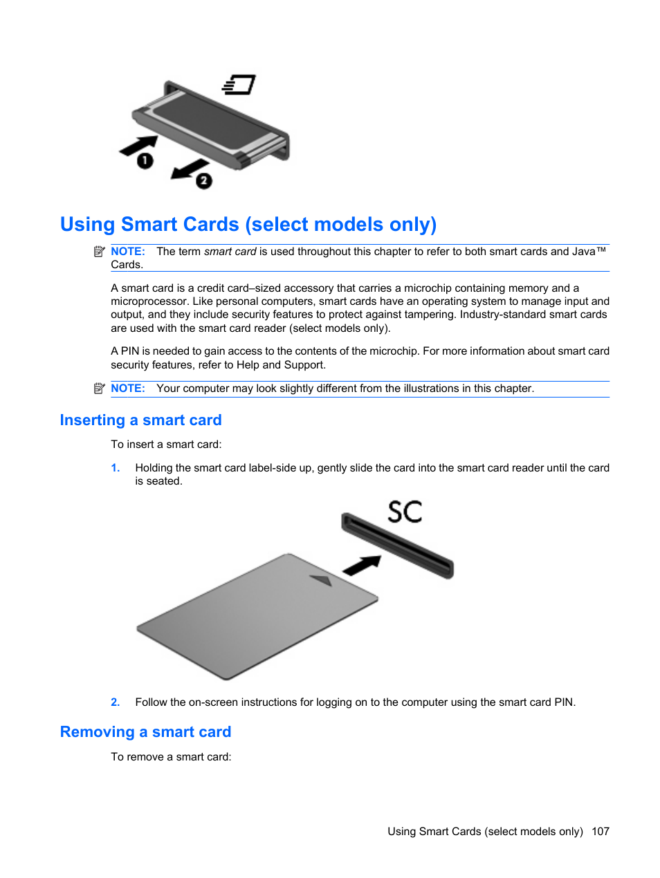 Using smart cards (select models only), Inserting a smart card, Removing a smart card | Inserting a smart card removing a smart card | HP EliteBook 8540w Mobile Workstation User Manual | Page 119 / 187