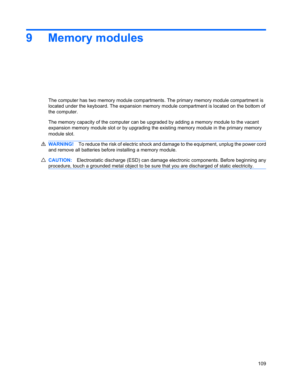 Memory modules, 9 memory modules | HP EliteBook 8540w Mobile Workstation User Manual | Page 121 / 187