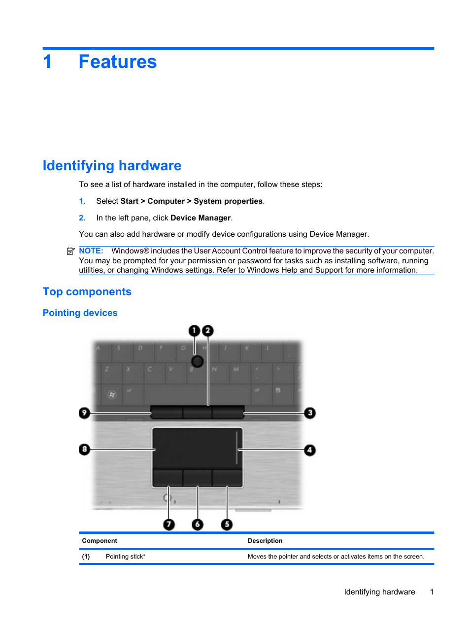 Features, Identifying hardware, Top components | Pointing devices, 1 features, 1features | HP EliteBook 8540w Mobile Workstation User Manual | Page 13 / 187