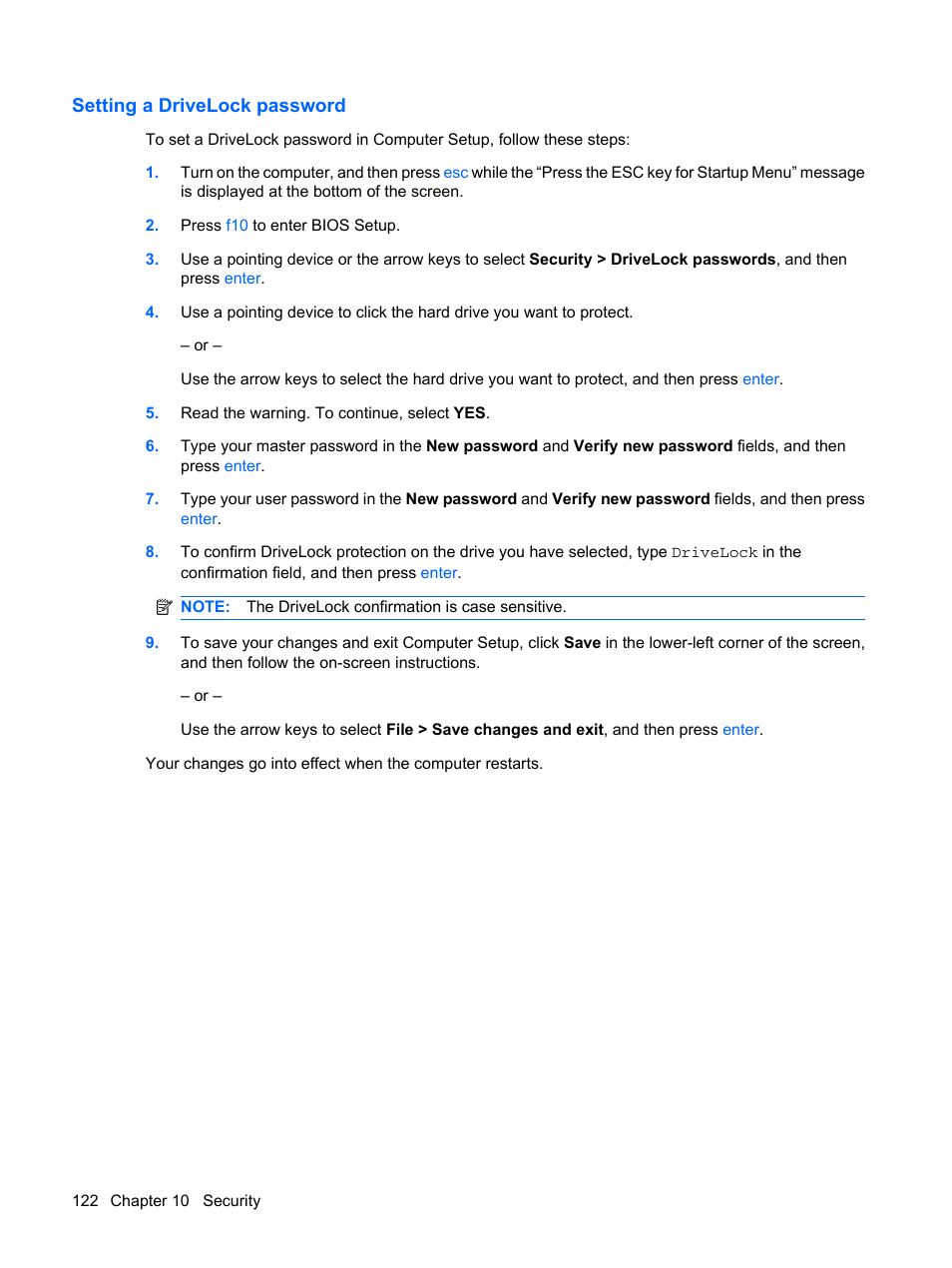 Setting a drivelock password | HP EliteBook 8540w Mobile Workstation User Manual | Page 134 / 187