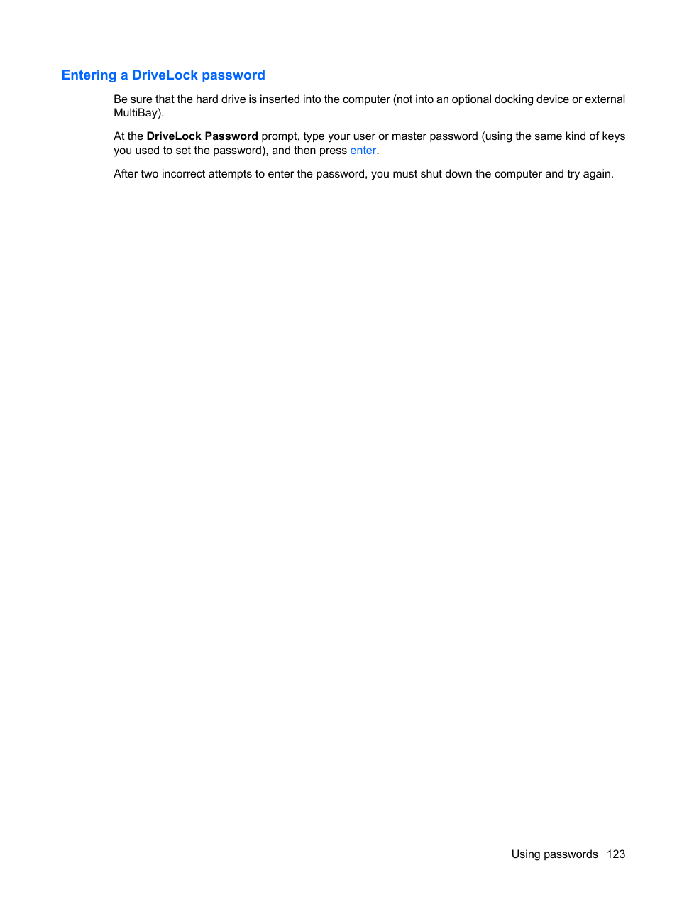 Entering a drivelock password | HP EliteBook 8540w Mobile Workstation User Manual | Page 135 / 187