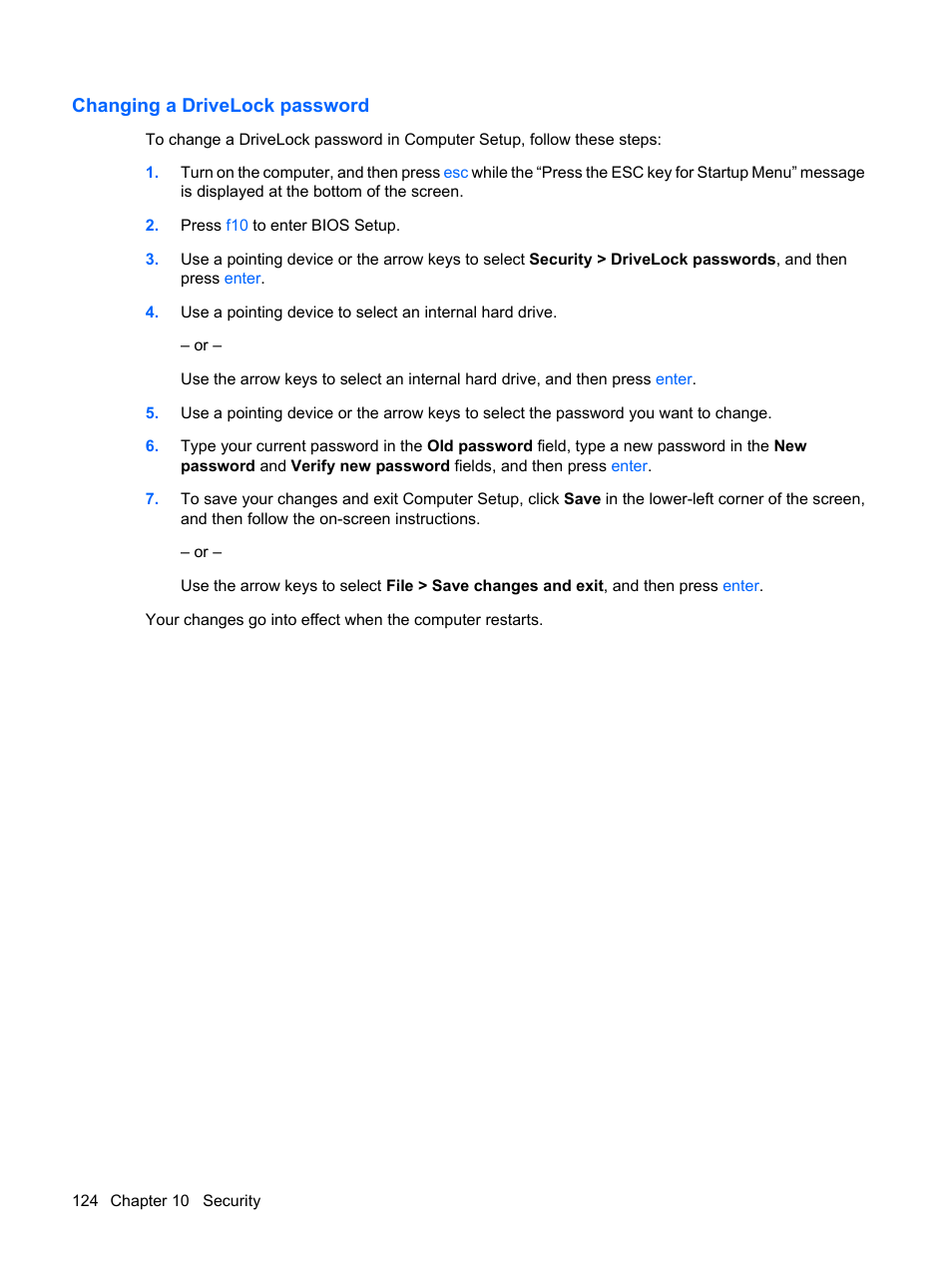 Changing a drivelock password | HP EliteBook 8540w Mobile Workstation User Manual | Page 136 / 187