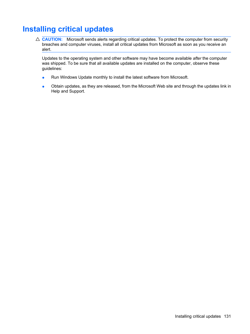 Installing critical updates | HP EliteBook 8540w Mobile Workstation User Manual | Page 143 / 187