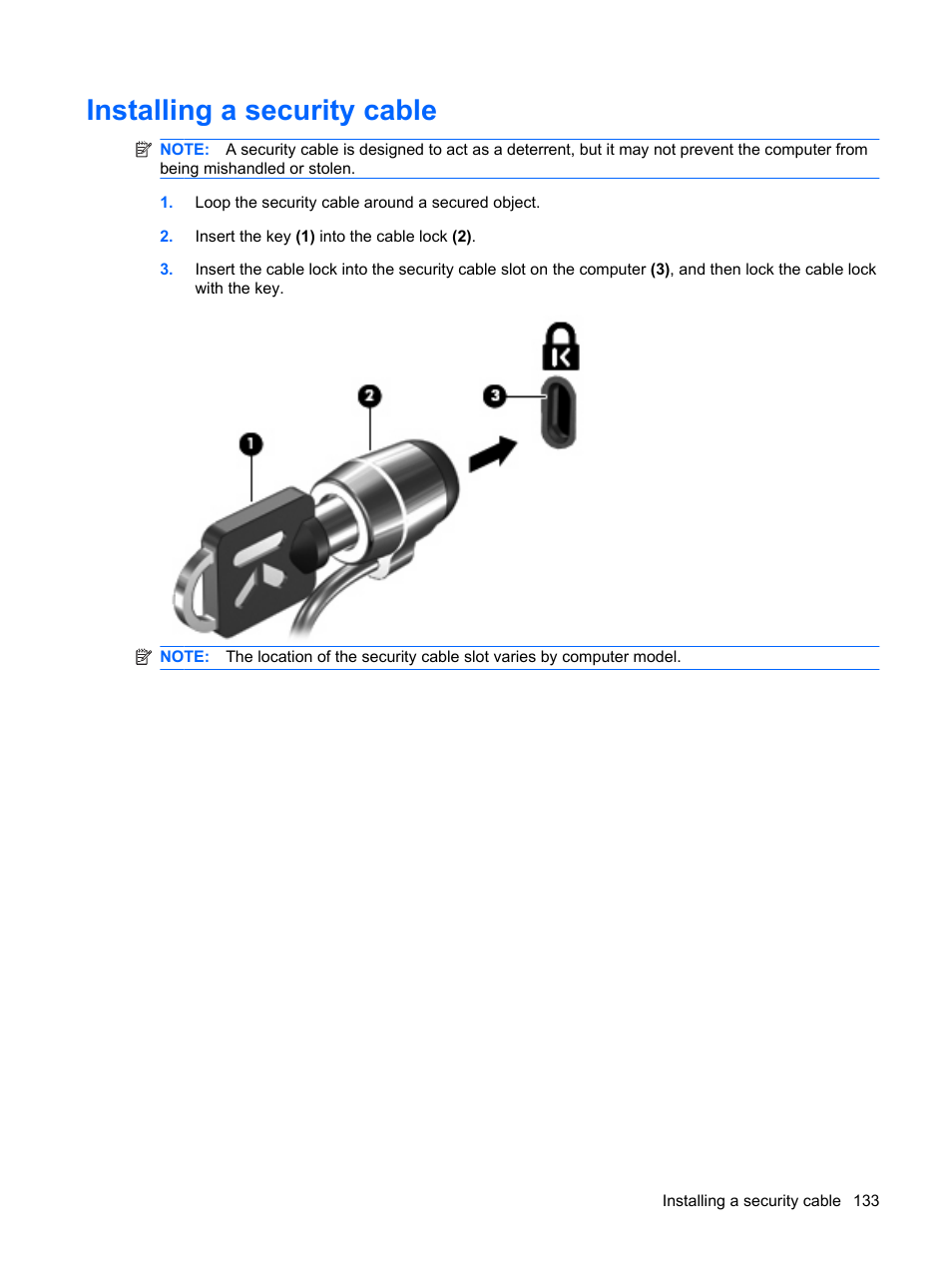 Installing a security cable | HP EliteBook 8540w Mobile Workstation User Manual | Page 145 / 187