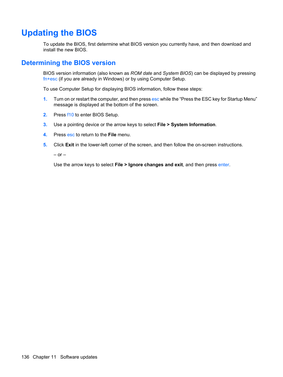 Updating the bios, Determining the bios version | HP EliteBook 8540w Mobile Workstation User Manual | Page 148 / 187