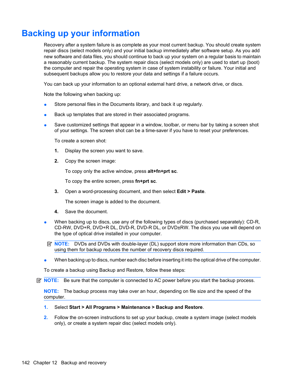 Backing up your information | HP EliteBook 8540w Mobile Workstation User Manual | Page 154 / 187