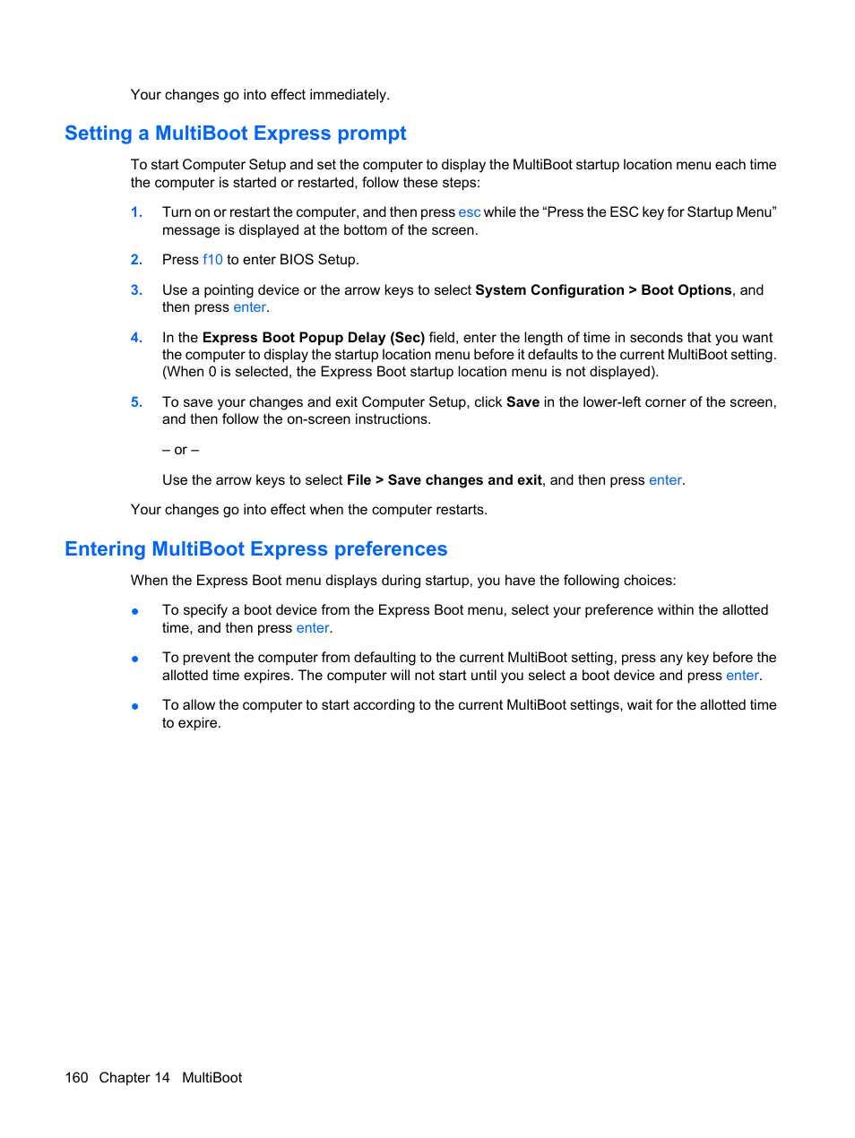 Setting a multiboot express prompt, Entering multiboot express preferences | HP EliteBook 8540w Mobile Workstation User Manual | Page 172 / 187