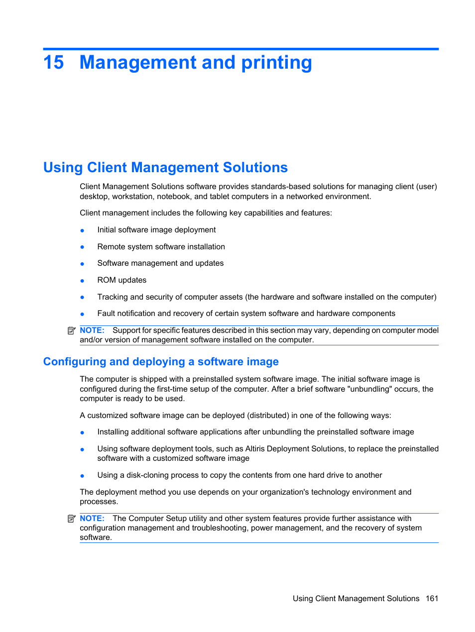 Management and printing, Using client management solutions, Configuring and deploying a software image | 15 management and printing | HP EliteBook 8540w Mobile Workstation User Manual | Page 173 / 187