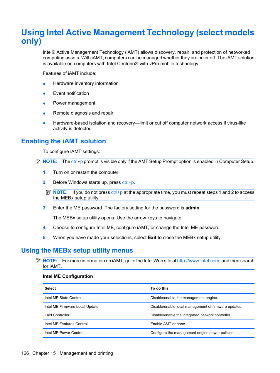 Enabling the iamt solution, Using the mebx setup utility menus | HP EliteBook 8540w Mobile Workstation User Manual | Page 178 / 187