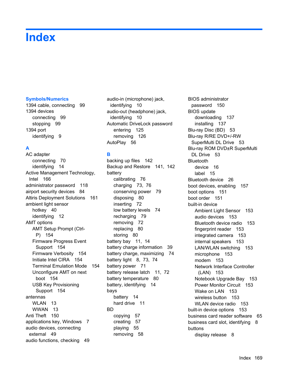 Index | HP EliteBook 8540w Mobile Workstation User Manual | Page 181 / 187