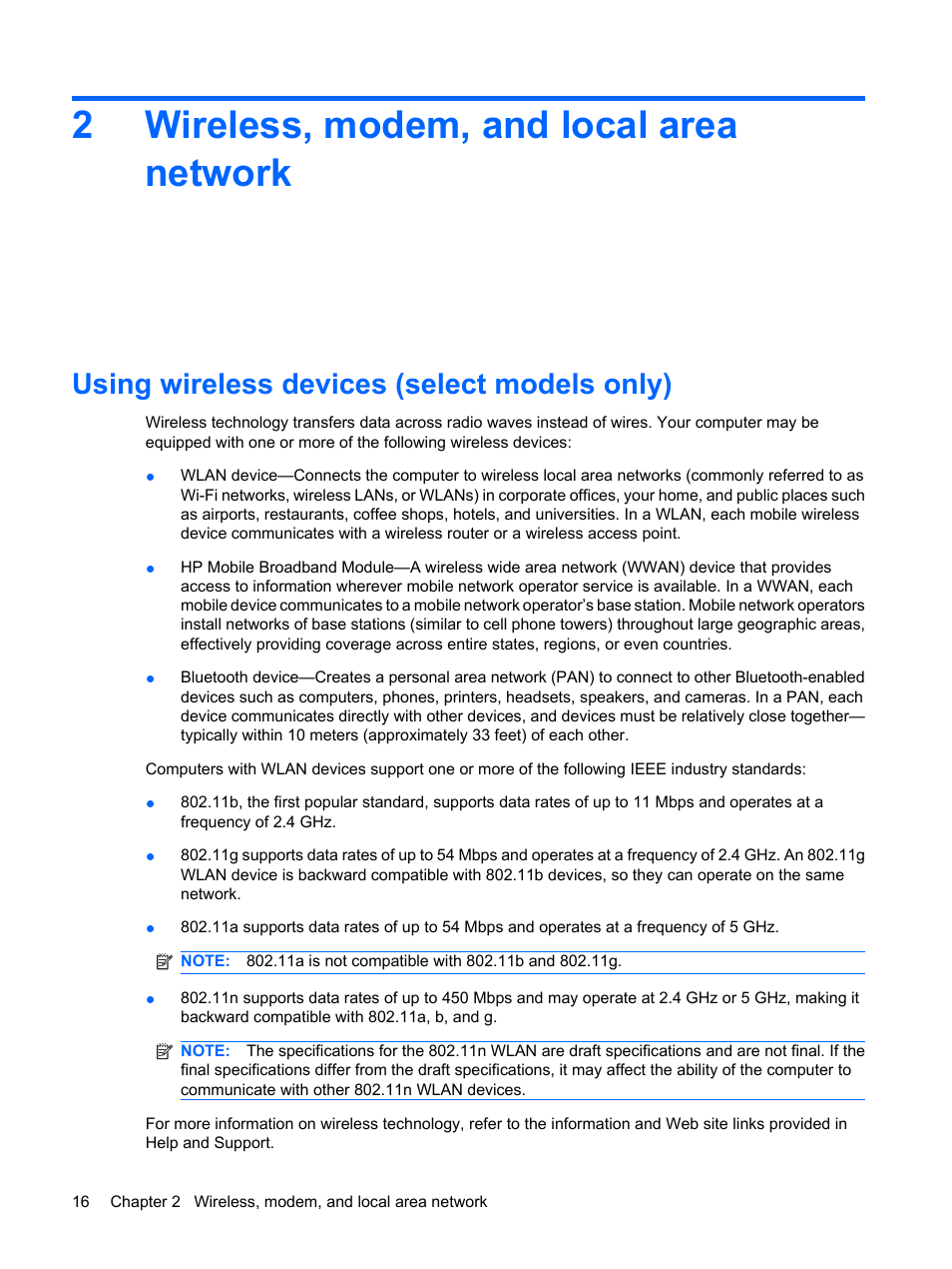Wireless, modem, and local area network, Using wireless devices (select models only), 2 wireless, modem, and local area network | 2wireless, modem, and local area network | HP EliteBook 8540w Mobile Workstation User Manual | Page 28 / 187