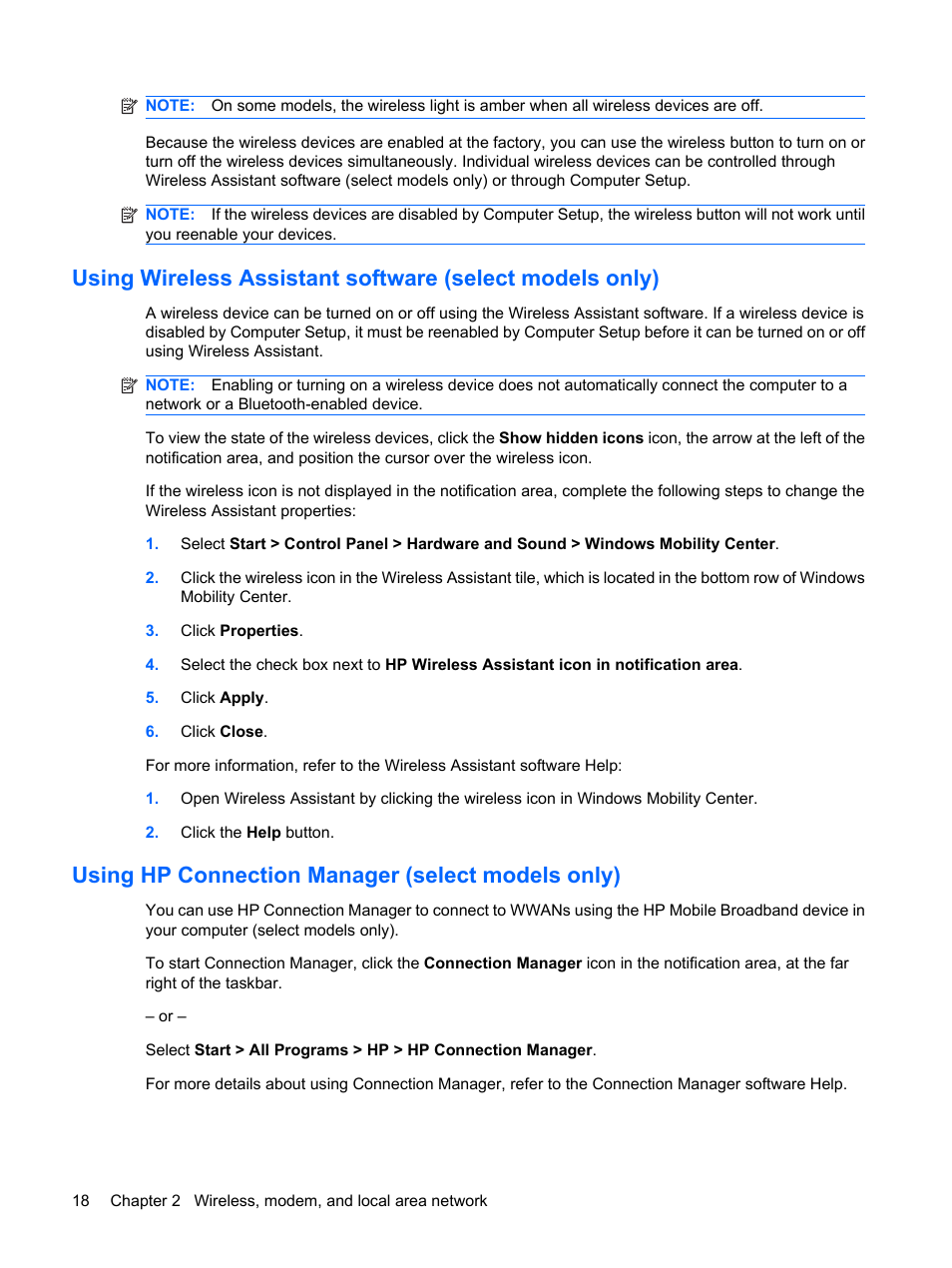 Using hp connection manager (select models only) | HP EliteBook 8540w Mobile Workstation User Manual | Page 30 / 187