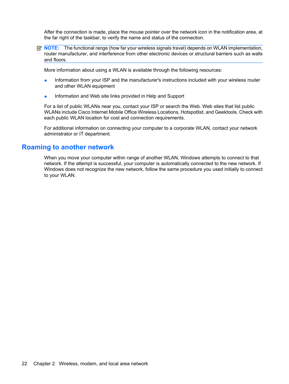 Roaming to another network | HP EliteBook 8540w Mobile Workstation User Manual | Page 34 / 187