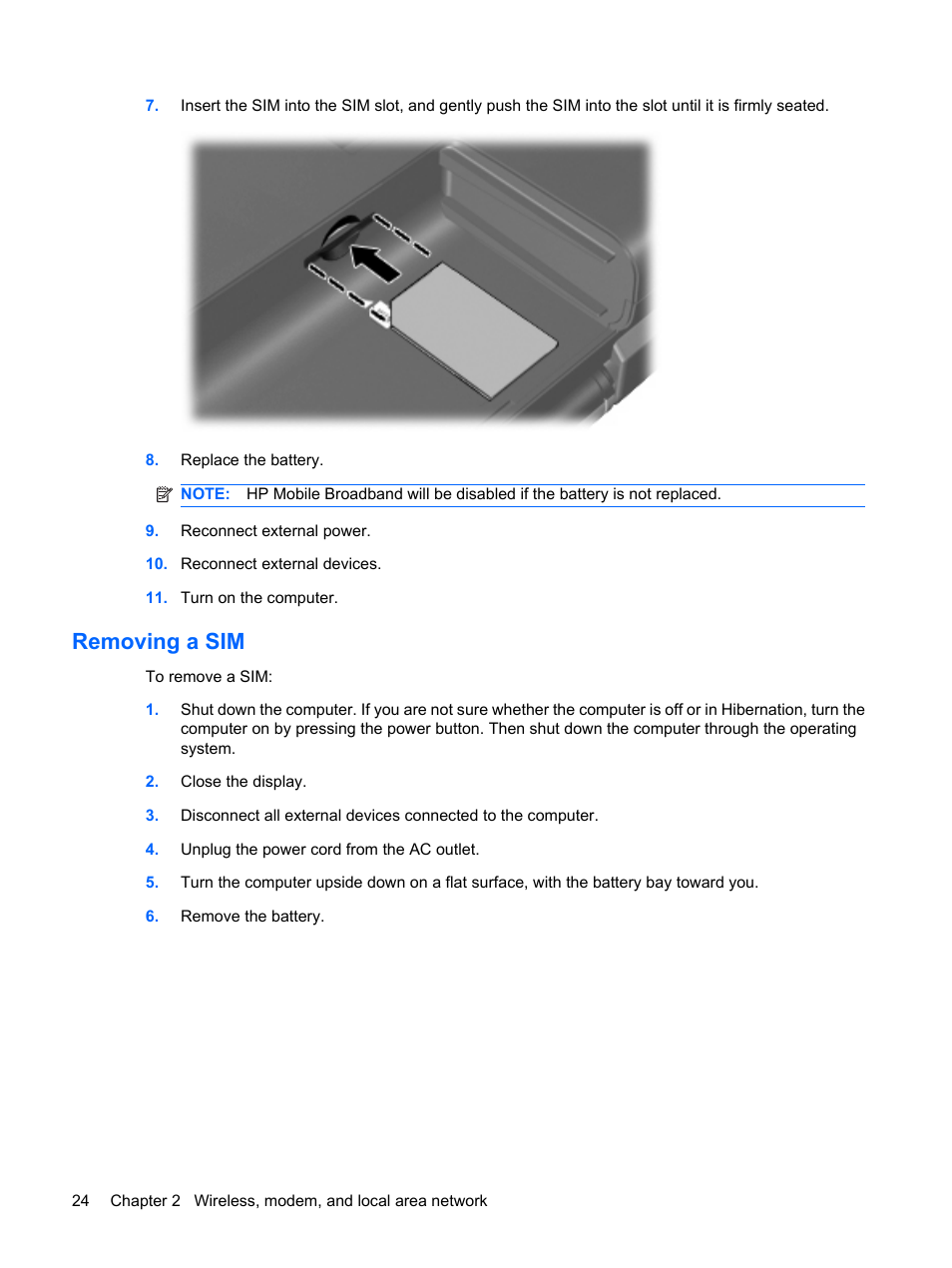 Removing a sim | HP EliteBook 8540w Mobile Workstation User Manual | Page 36 / 187