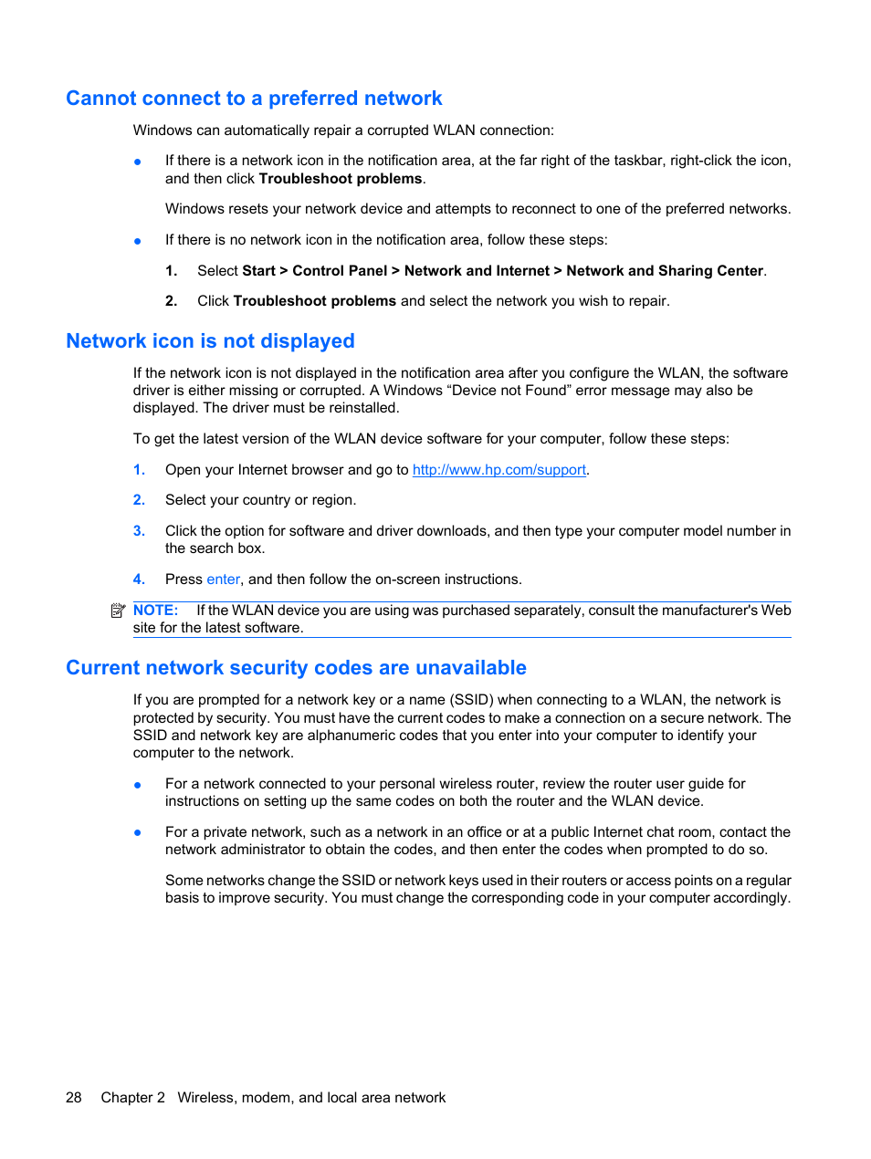 Cannot connect to a preferred network, Network icon is not displayed, Current network security codes are unavailable | HP EliteBook 8540w Mobile Workstation User Manual | Page 40 / 187
