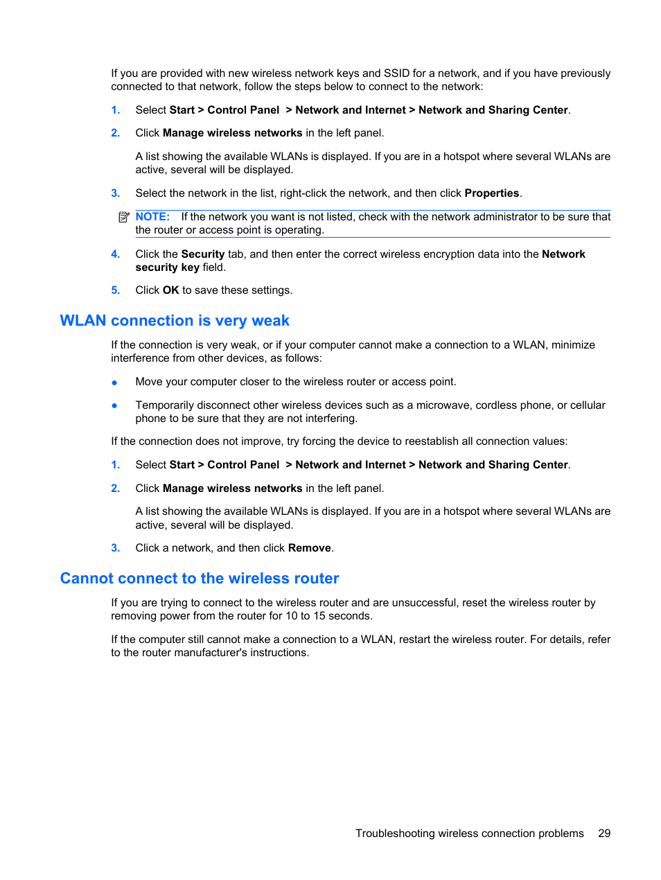 Wlan connection is very weak, Cannot connect to the wireless router | HP EliteBook 8540w Mobile Workstation User Manual | Page 41 / 187