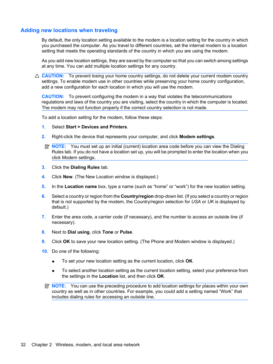 Adding new locations when traveling | HP EliteBook 8540w Mobile Workstation User Manual | Page 44 / 187