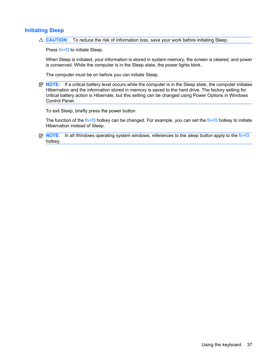 Initiating sleep | HP EliteBook 8540w Mobile Workstation User Manual | Page 49 / 187