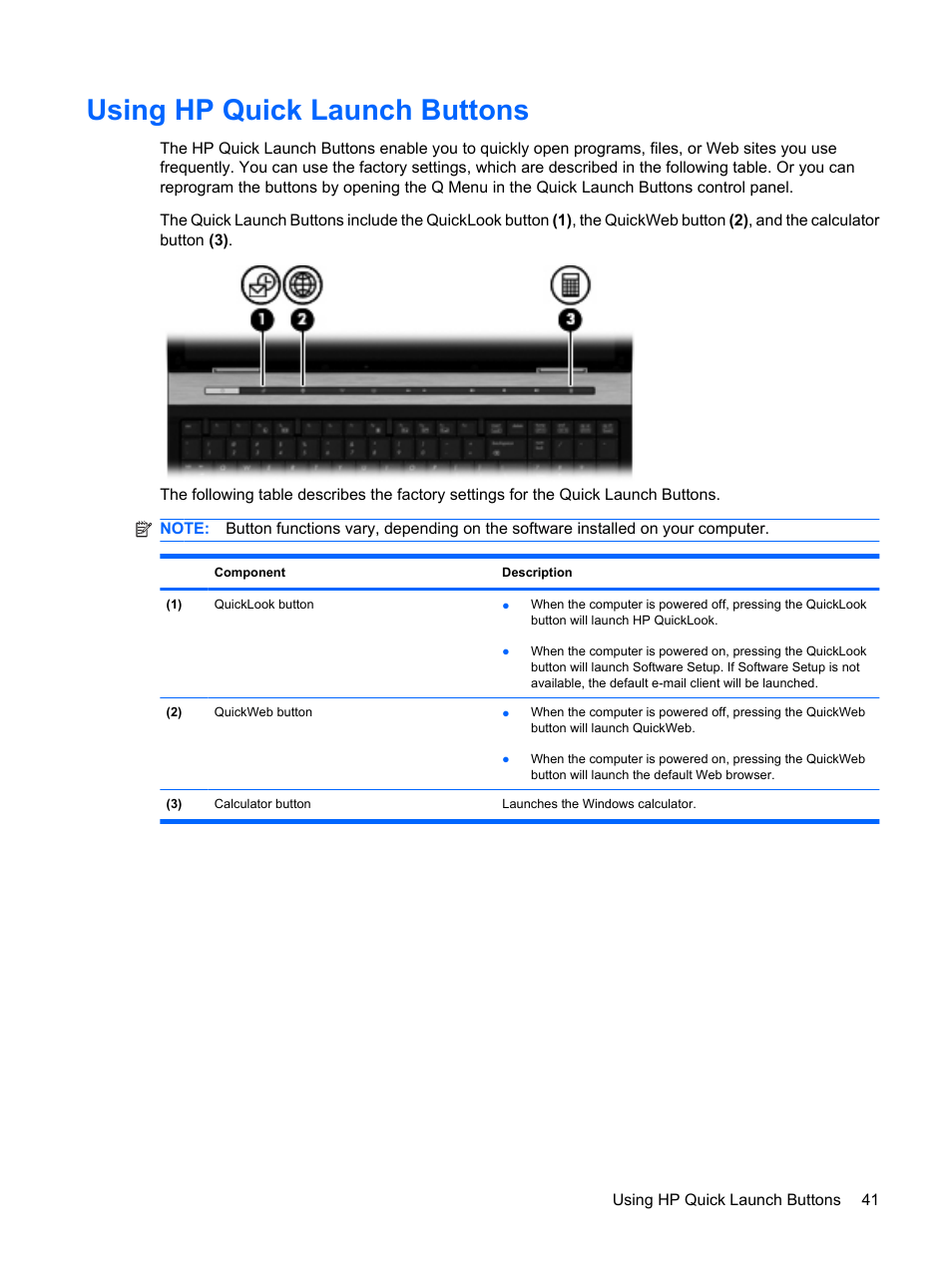 Using hp quick launch buttons | HP EliteBook 8540w Mobile Workstation User Manual | Page 53 / 187