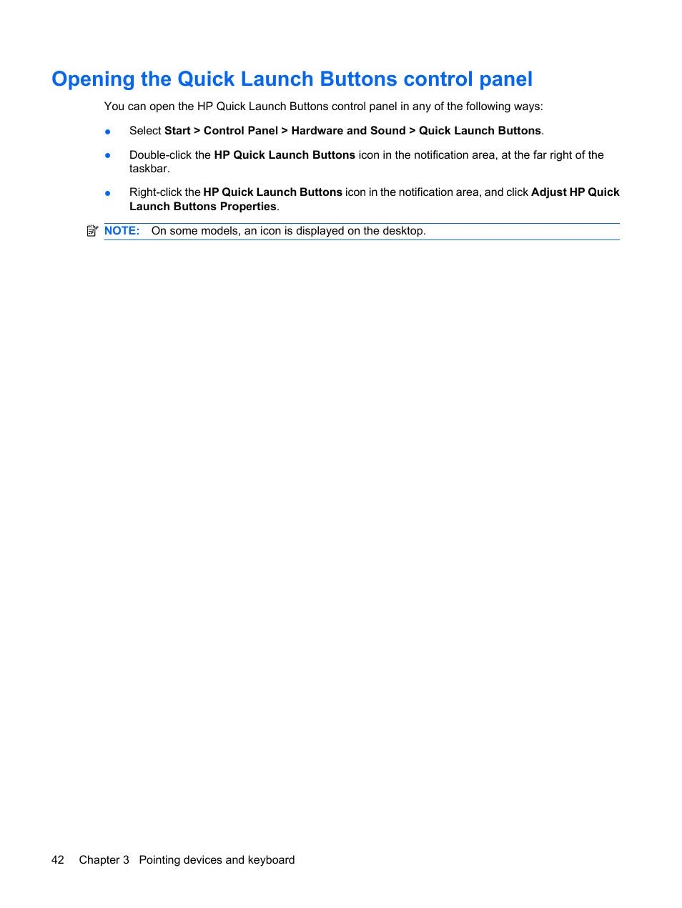Opening the quick launch buttons control panel | HP EliteBook 8540w Mobile Workstation User Manual | Page 54 / 187