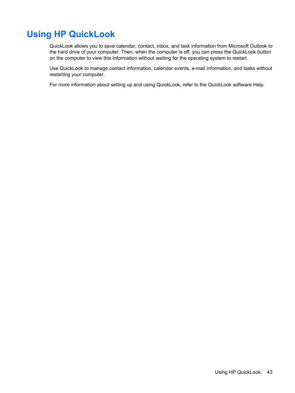Using hp quicklook | HP EliteBook 8540w Mobile Workstation User Manual | Page 55 / 187