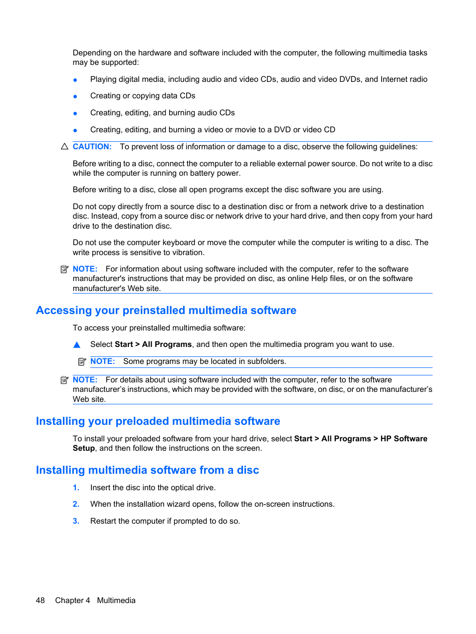 Accessing your preinstalled multimedia software, Installing your preloaded multimedia software, Installing multimedia software from a disc | HP EliteBook 8540w Mobile Workstation User Manual | Page 60 / 187