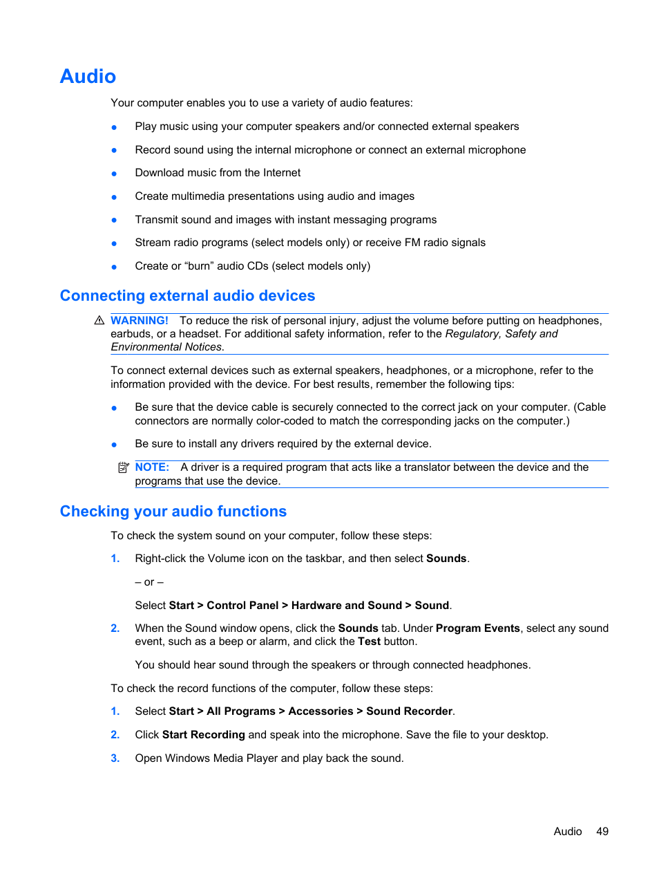 Audio, Connecting external audio devices, Checking your audio functions | HP EliteBook 8540w Mobile Workstation User Manual | Page 61 / 187
