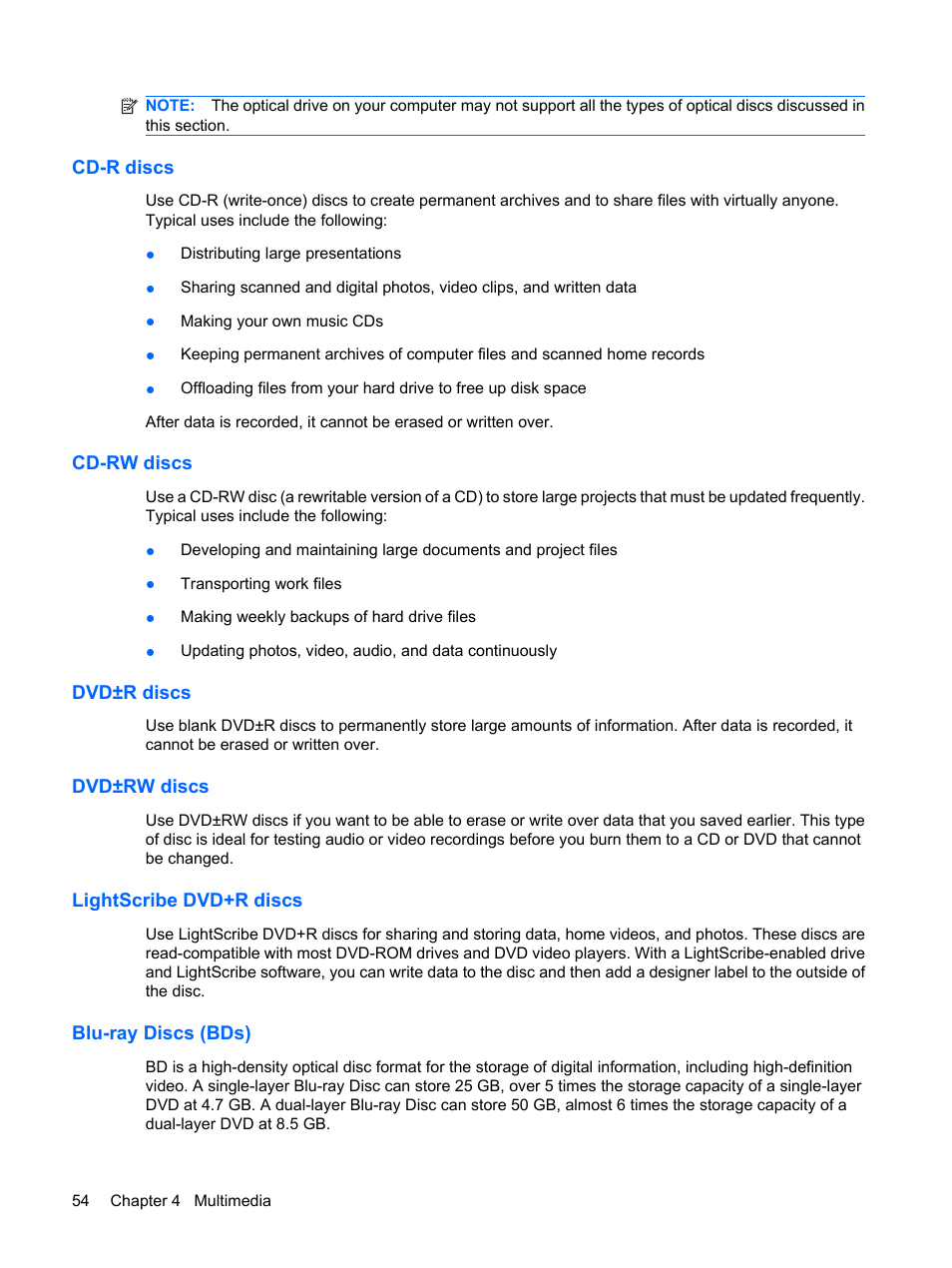 Cd-r discs, Cd-rw discs, Dvd±r discs | Dvd±rw discs, Lightscribe dvd+r discs, Blu-ray discs (bds) | HP EliteBook 8540w Mobile Workstation User Manual | Page 66 / 187