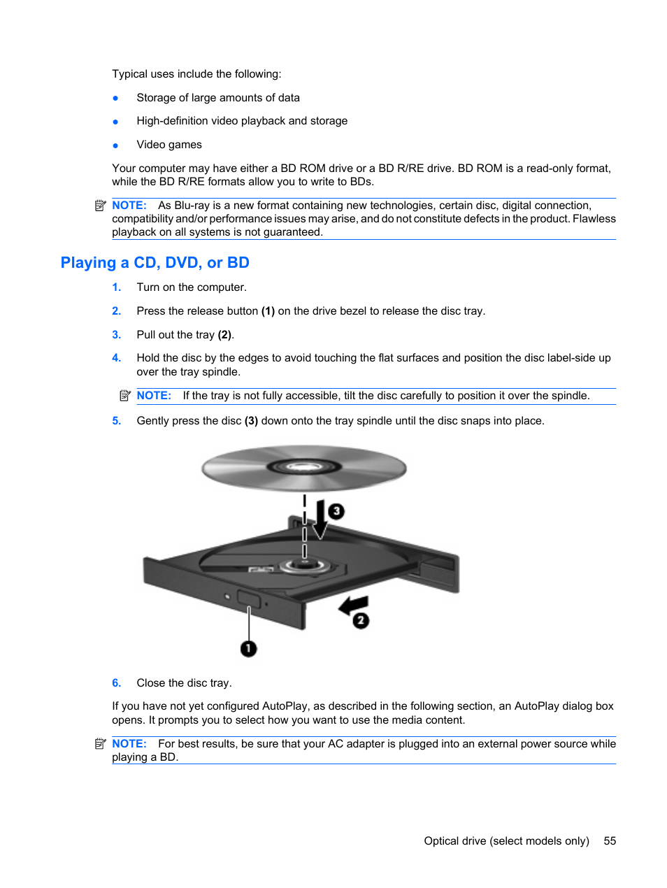 Playing a cd, dvd, or bd | HP EliteBook 8540w Mobile Workstation User Manual | Page 67 / 187