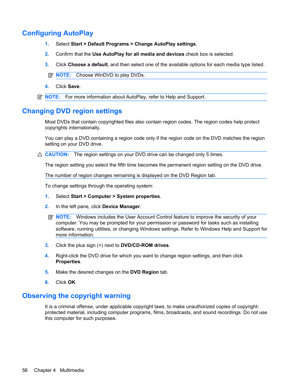 Configuring autoplay, Changing dvd region settings, Observing the copyright warning | HP EliteBook 8540w Mobile Workstation User Manual | Page 68 / 187