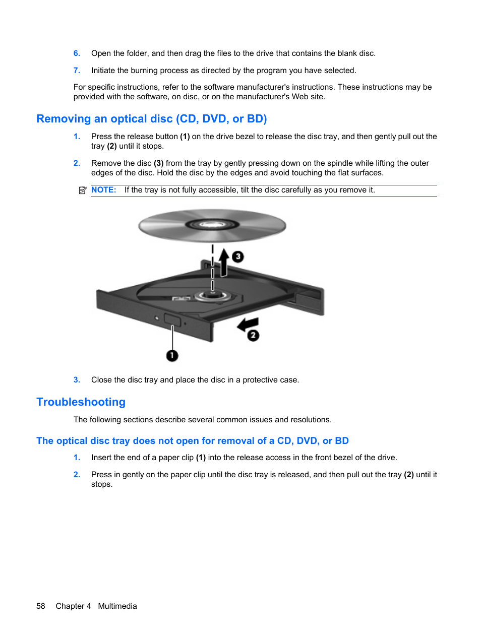 Removing an optical disc (cd, dvd, or bd), Troubleshooting | HP EliteBook 8540w Mobile Workstation User Manual | Page 70 / 187