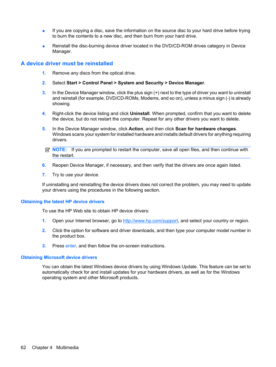 A device driver must be reinstalled, Obtaining the latest hp device drivers, Obtaining microsoft device drivers | HP EliteBook 8540w Mobile Workstation User Manual | Page 74 / 187