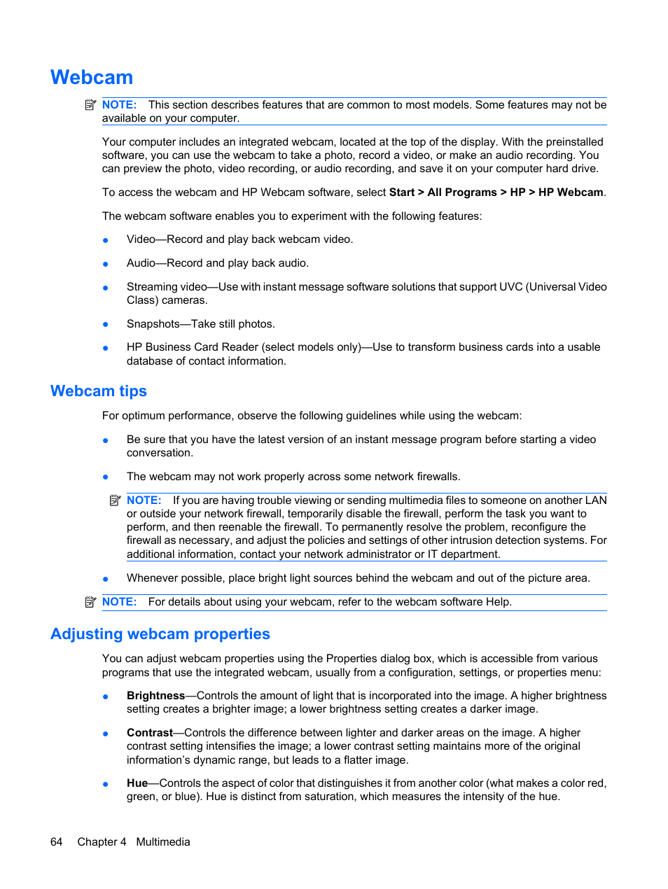 Webcam, Webcam tips, Adjusting webcam properties | Webcam tips adjusting webcam properties | HP EliteBook 8540w Mobile Workstation User Manual | Page 76 / 187