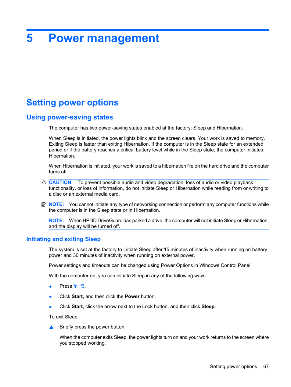 Power management, Setting power options, Using power-saving states | Initiating and exiting sleep, 5 power management, 5power management | HP EliteBook 8540w Mobile Workstation User Manual | Page 79 / 187
