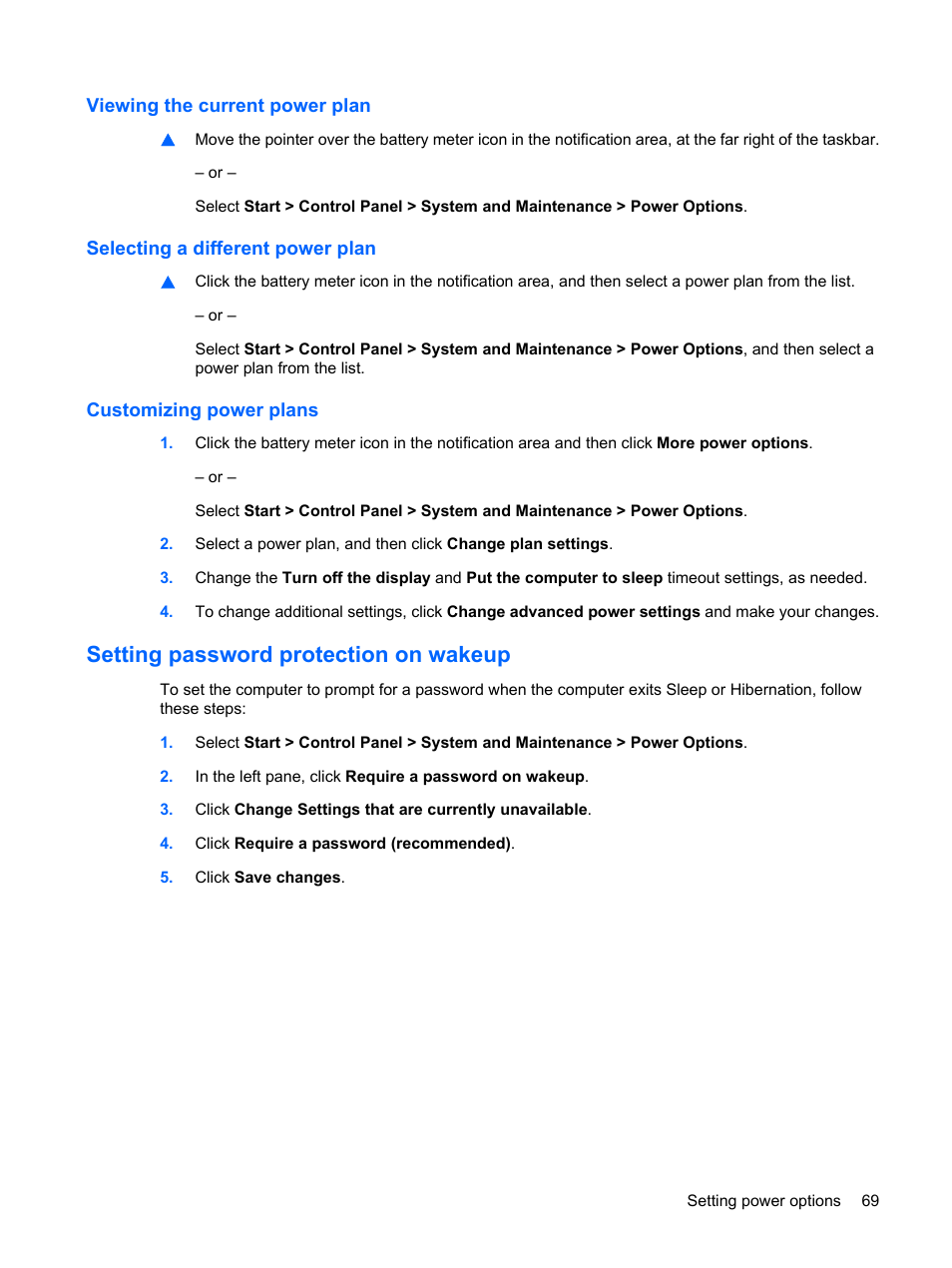 Viewing the current power plan, Selecting a different power plan, Customizing power plans | Setting password protection on wakeup | HP EliteBook 8540w Mobile Workstation User Manual | Page 81 / 187