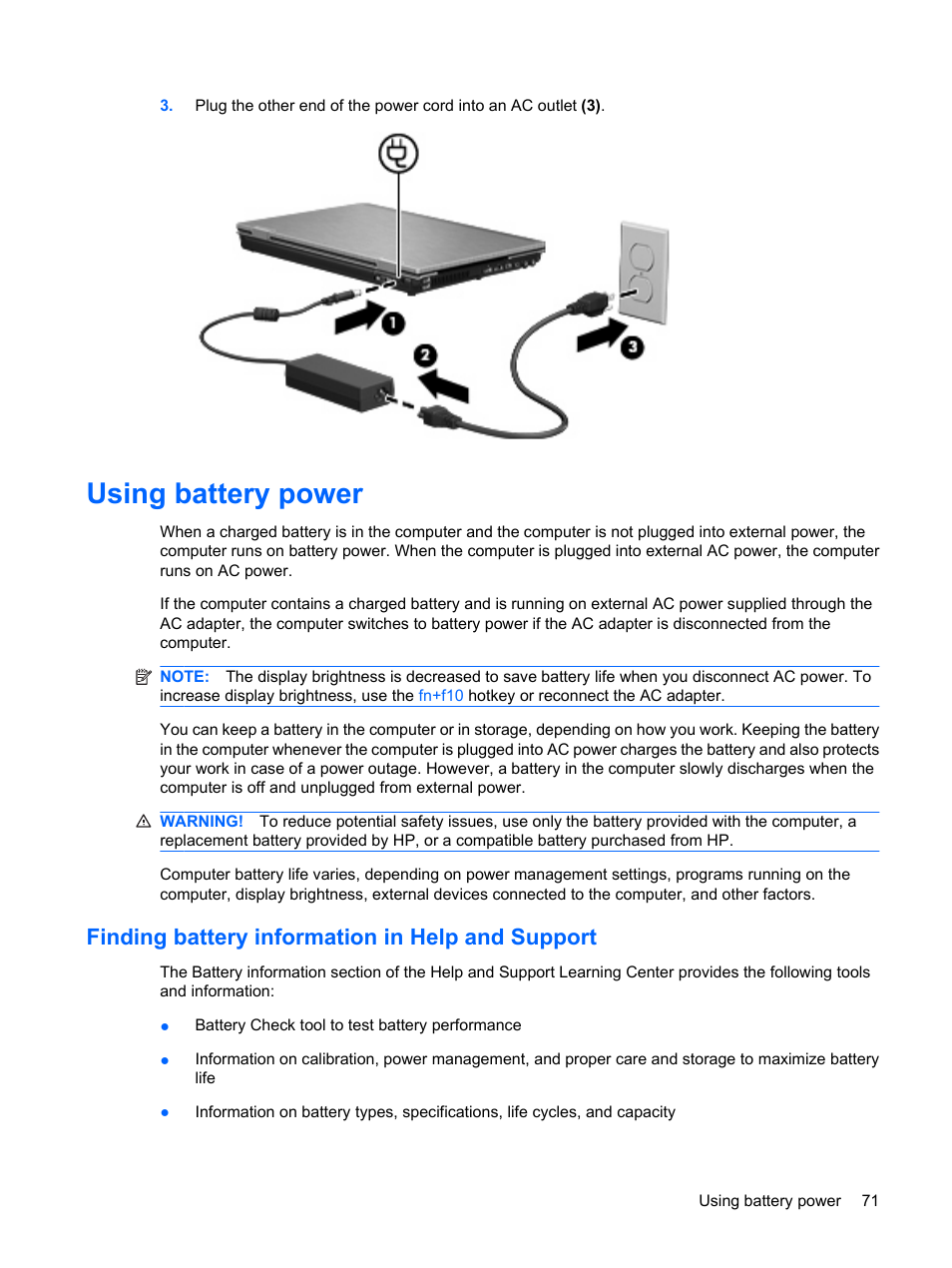 Using battery power, Finding battery information in help and support | HP EliteBook 8540w Mobile Workstation User Manual | Page 83 / 187